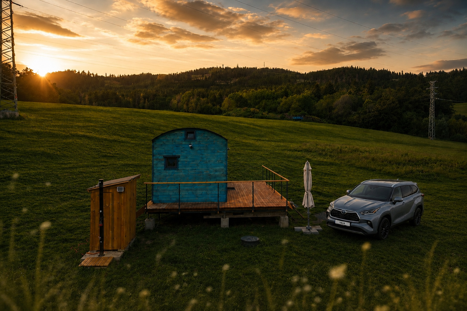 Tiny house VaJa při západu slunce na zelené louce