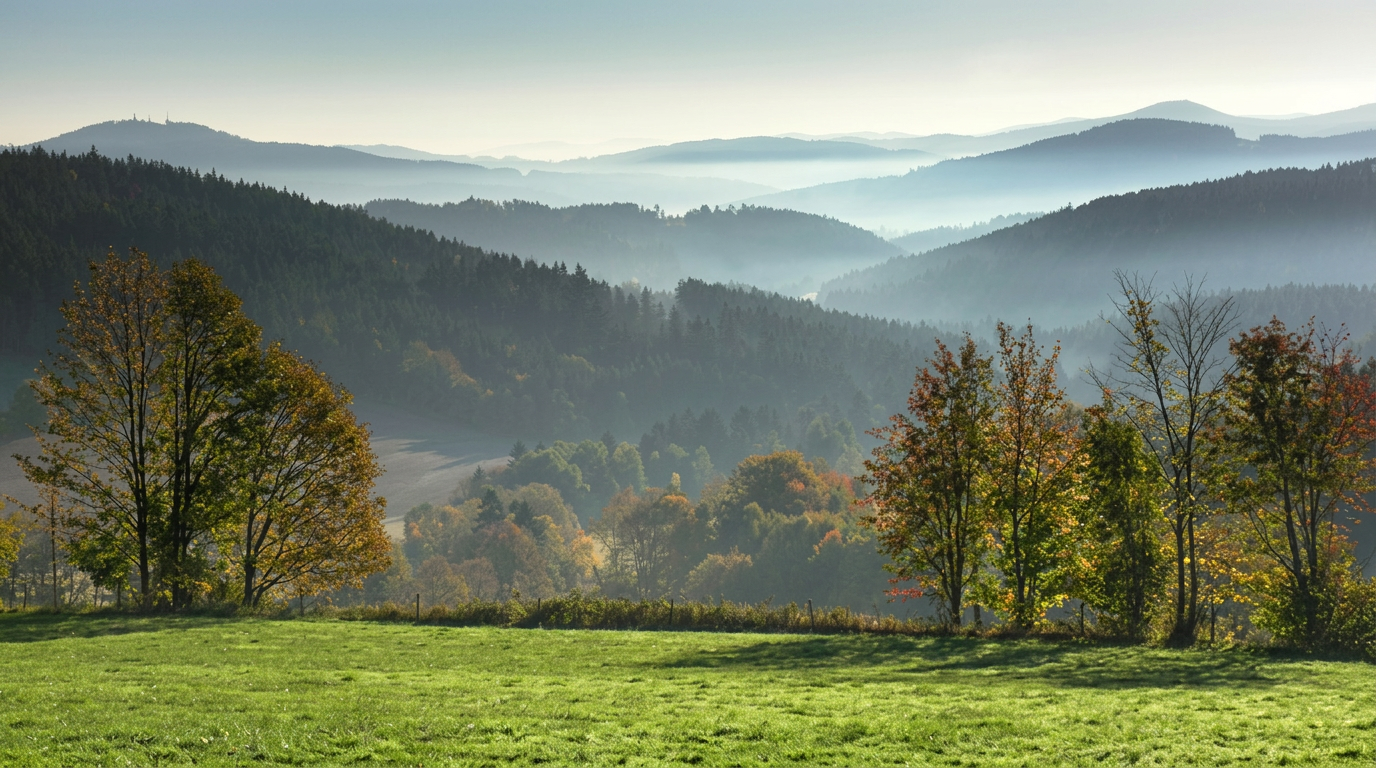 Ranní mlha nad šumavskými kopci